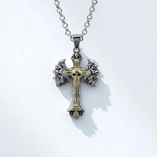 Handcrafted Gothic Skull Cross Necklace featuring a bold design with sterling silver and 18K gold plating. The pendant showcases a skull embedded on a cross with winged details, symbolizing strength and eternal power. Perfect for fans of gothic fashion, biker style, or spiritual symbolism. A unique and edgy gift idea for him or her with a love for dark elegance.