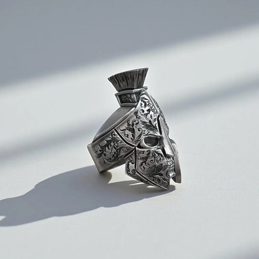 Handcrafted Greek Spartan helmet ring for men made of solid sterling silver featuring bold Baroque engraved detailing and heavy 35 gram warrior design