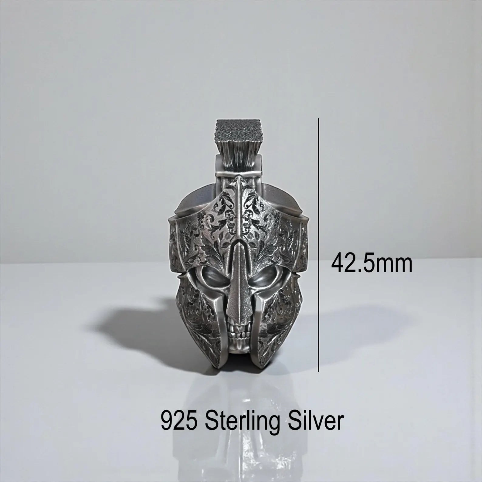 Oxidized Spartan helmet ring with deep carved detailing and powerful masculine signet structure