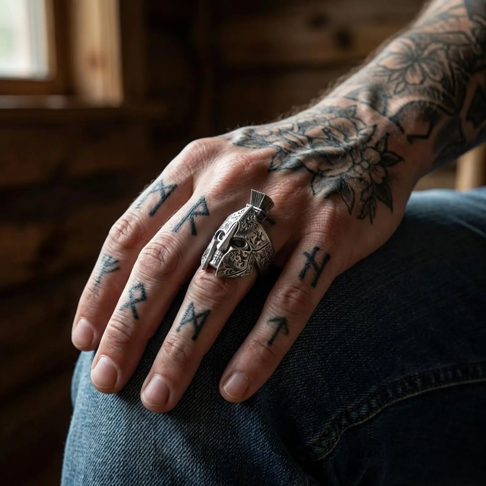 Close up of detailed Spartan warrior helmet engraving on oxidized sterling silver statement ring with strong masculine aesthetic