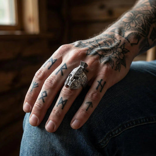 Close up of detailed Spartan warrior helmet engraving on oxidized sterling silver statement ring with strong masculine aesthetic