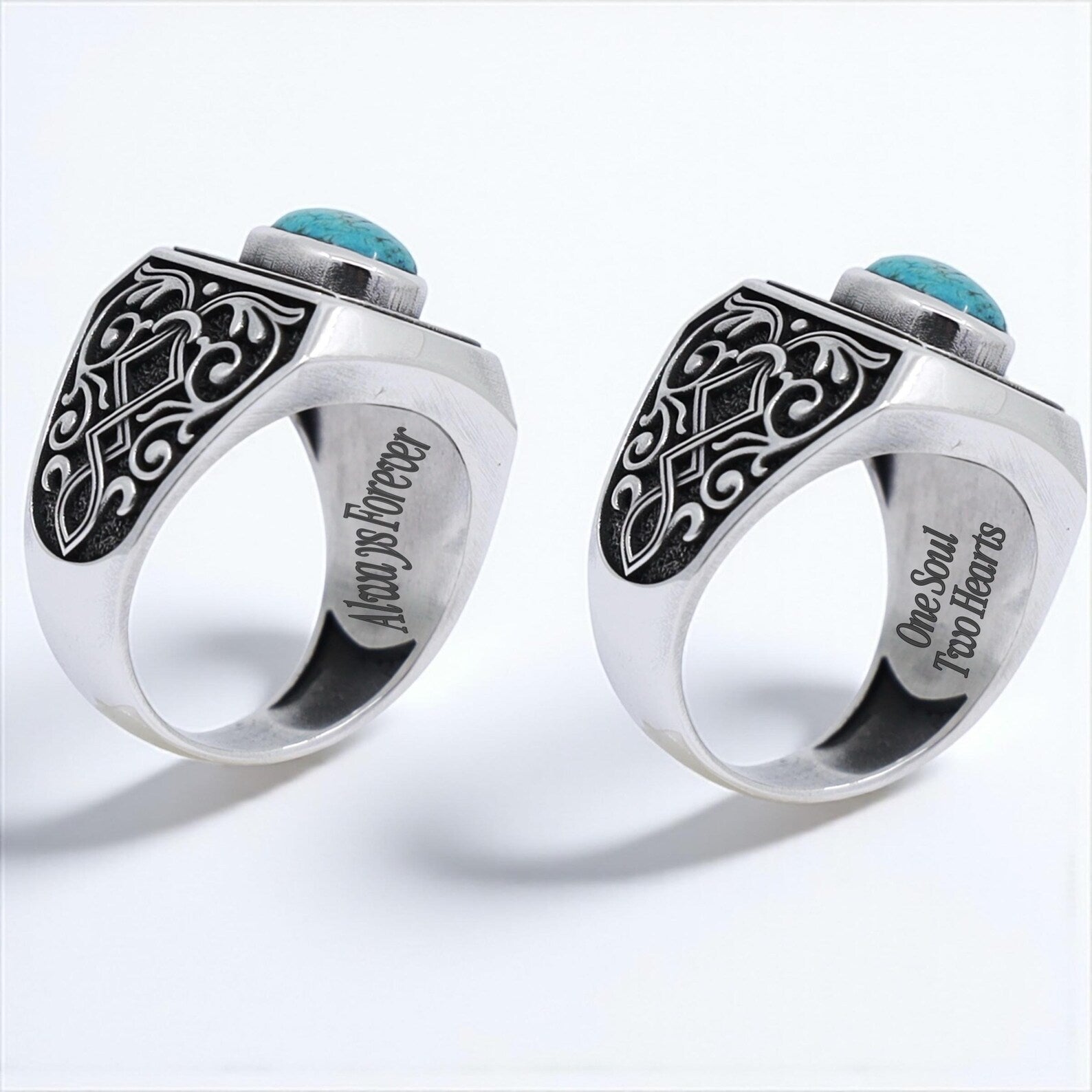 Gothic-style boho turquoise ring made of oxidized sterling silver, showcasing artisan etching and Navajo-inspired motifs — perfect for men who appreciate cultural symbolism and statement jewelry.