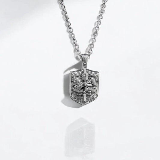 Handcrafted silver warrior armor necklace pendant featuring a medieval knight holding a sword. Perfect for men who love fantasy, gothic, and historical jewelry. Durable sterling silver design, ideal for cosplay, collectors, and unique gift ideas.