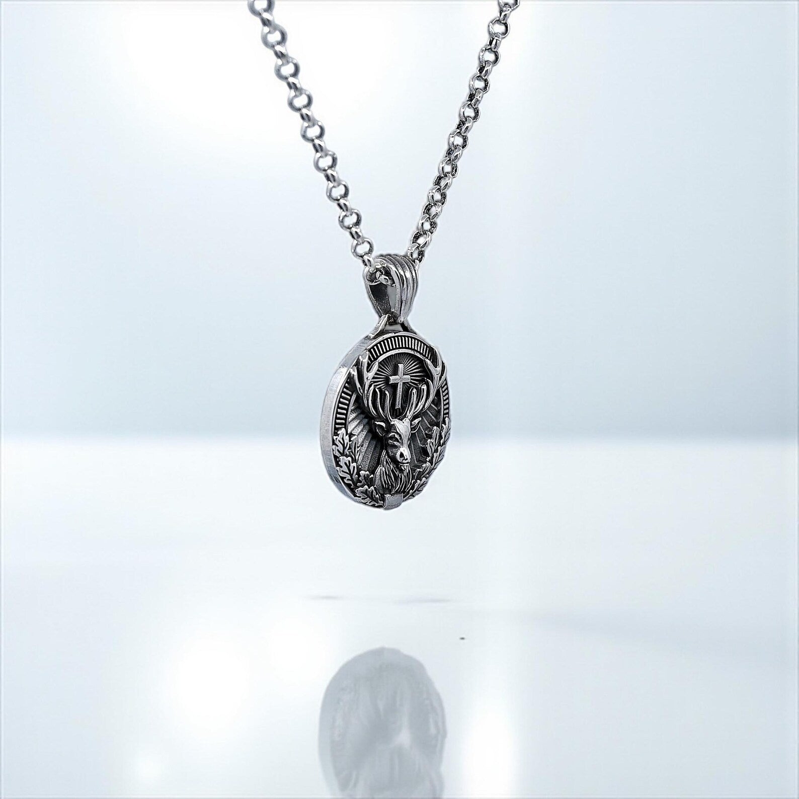 Elegant men's necklace featuring a St. Hubertus silver pendant with finely etched details and durable chain, ideal as a personalized Christian gift for anniversaries, birthdays, or religious milestones.
