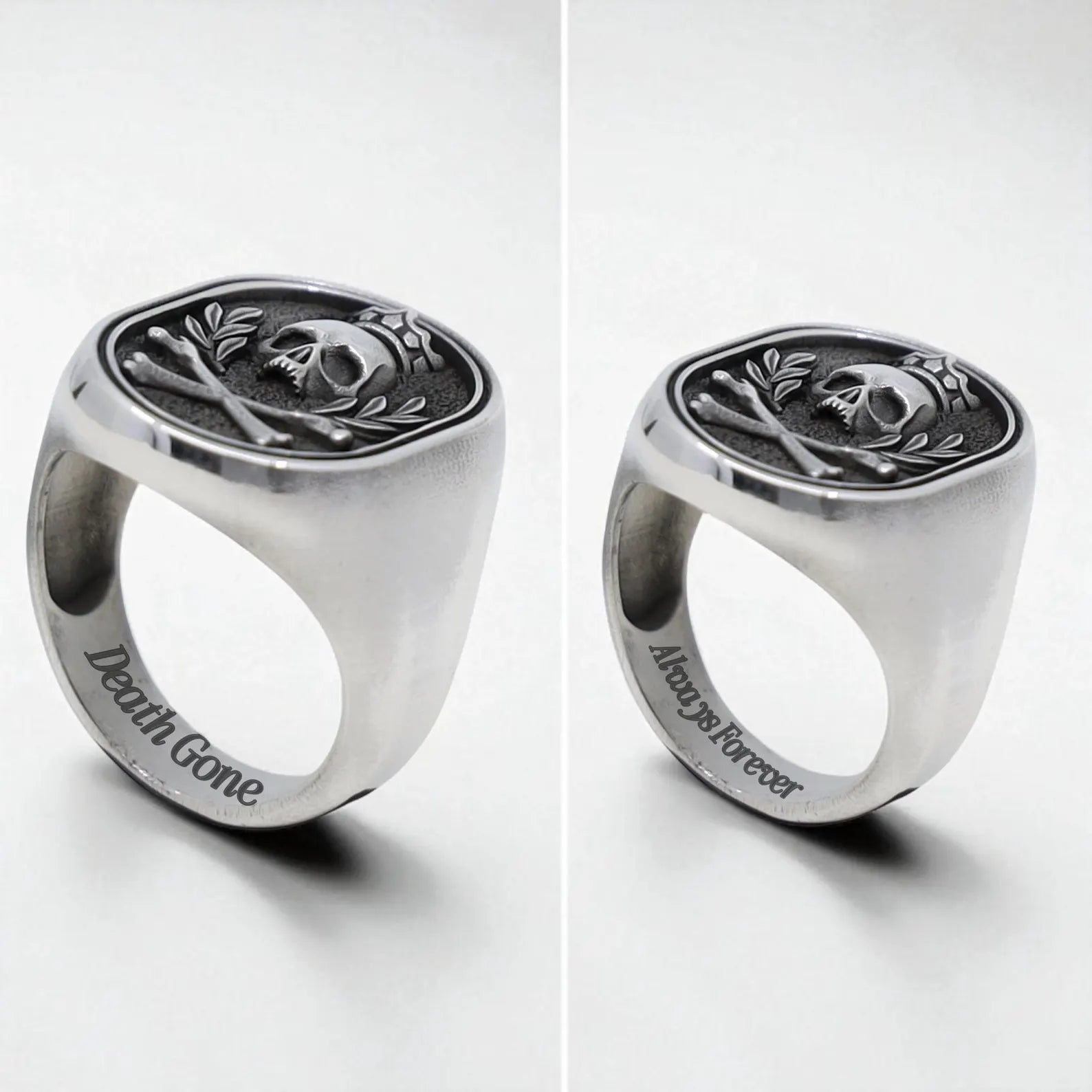 Three-quarter perspective of the gothic skull ring showing the blend of smooth polish and oxidized background, emphasizing its handcrafted nature and weighty presence. A perfect gift for men who value meaningful, stand-out accessories.