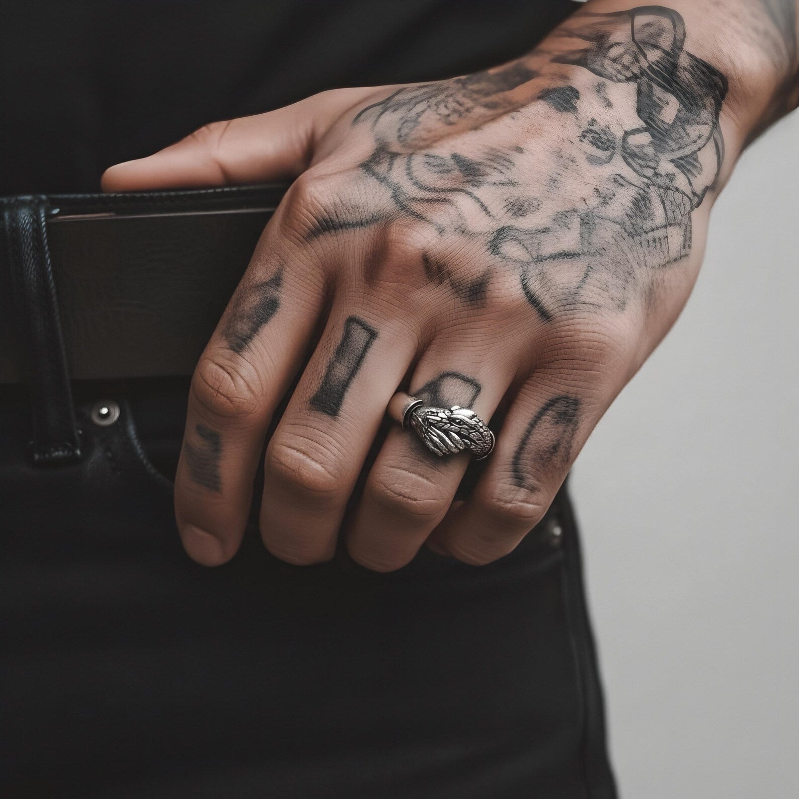 Vintage inspired Handshake Trust No One ring in oxidized sterling silver, designed as a masculine gothic statement piece for lovers of dark jewelry, mystery and symbolic accessories