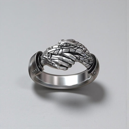 Handmade Handshake Trust No One snake ring crafted from 925 sterling silver, featuring gothic serpent and hand design with oxidized finish, symbolizing loyalty, betrayal and dark masculine power