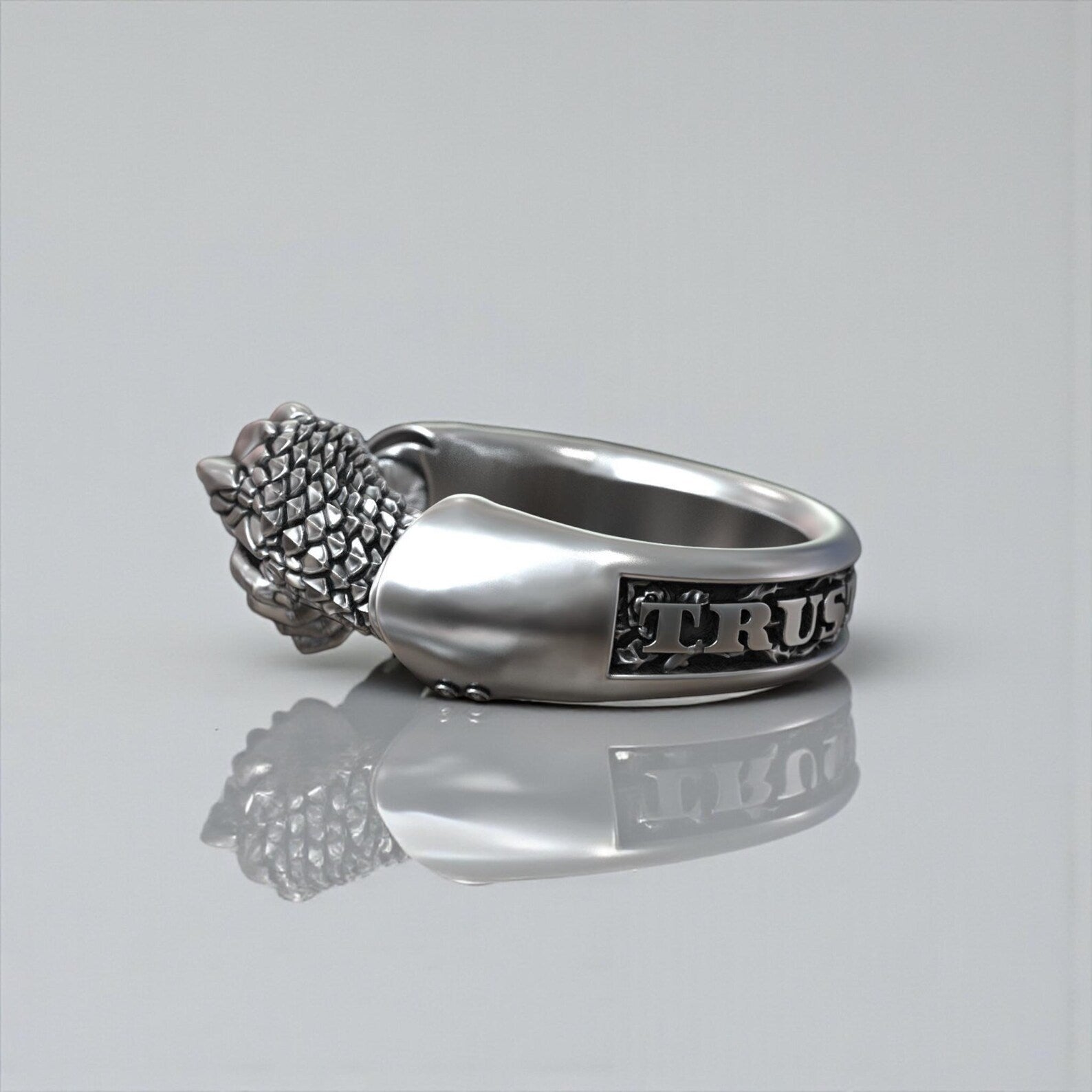 Trust No One handshake snake ring worn on a male hand, showcasing a rebellious gothic jewelry style with serpent symbolism, dark aesthetic and handmade sterling silver craftsmanship