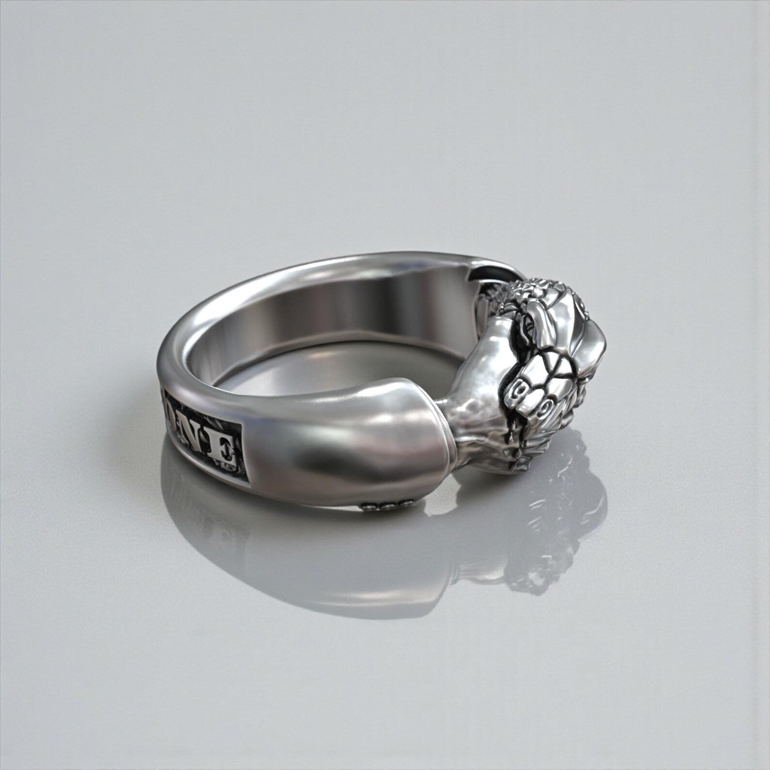 Occult inspired Trust No One snake ring made of 925 sterling silver, featuring bold gothic engravings, oxidized finish and secret society symbolism in a powerful statement jewelry design