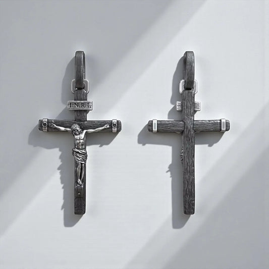  INRI Jesus crucifix pendant necklace in premium sterling silver for men, showcasing a powerful Christian faith symbol designed for everyday wear and spiritual devotion