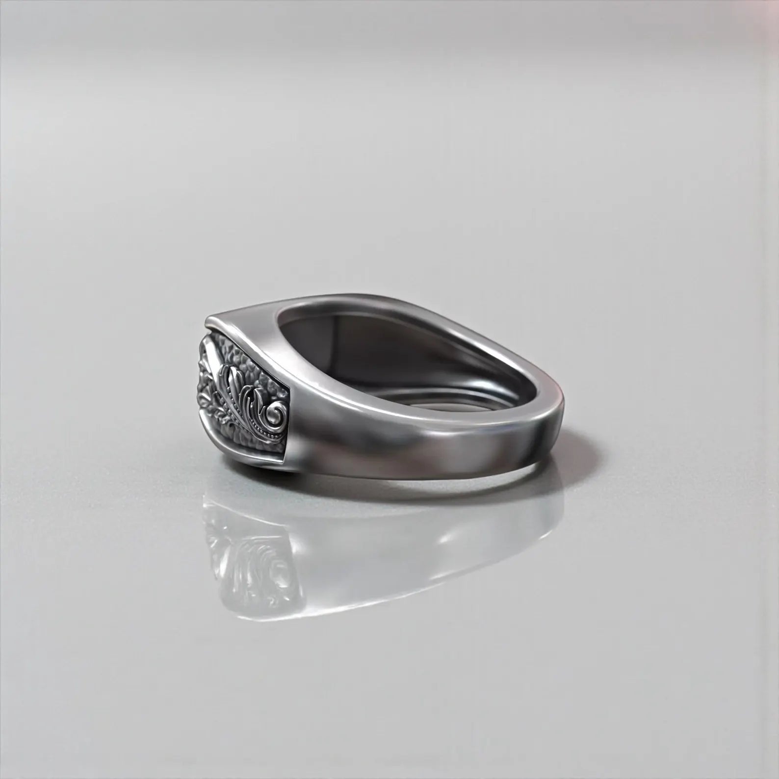 Unique jawless skull ring in sterling silver with intricate floral baroque pattern, gothic biker style men’s jewelry representing life, death, transformation and inner power