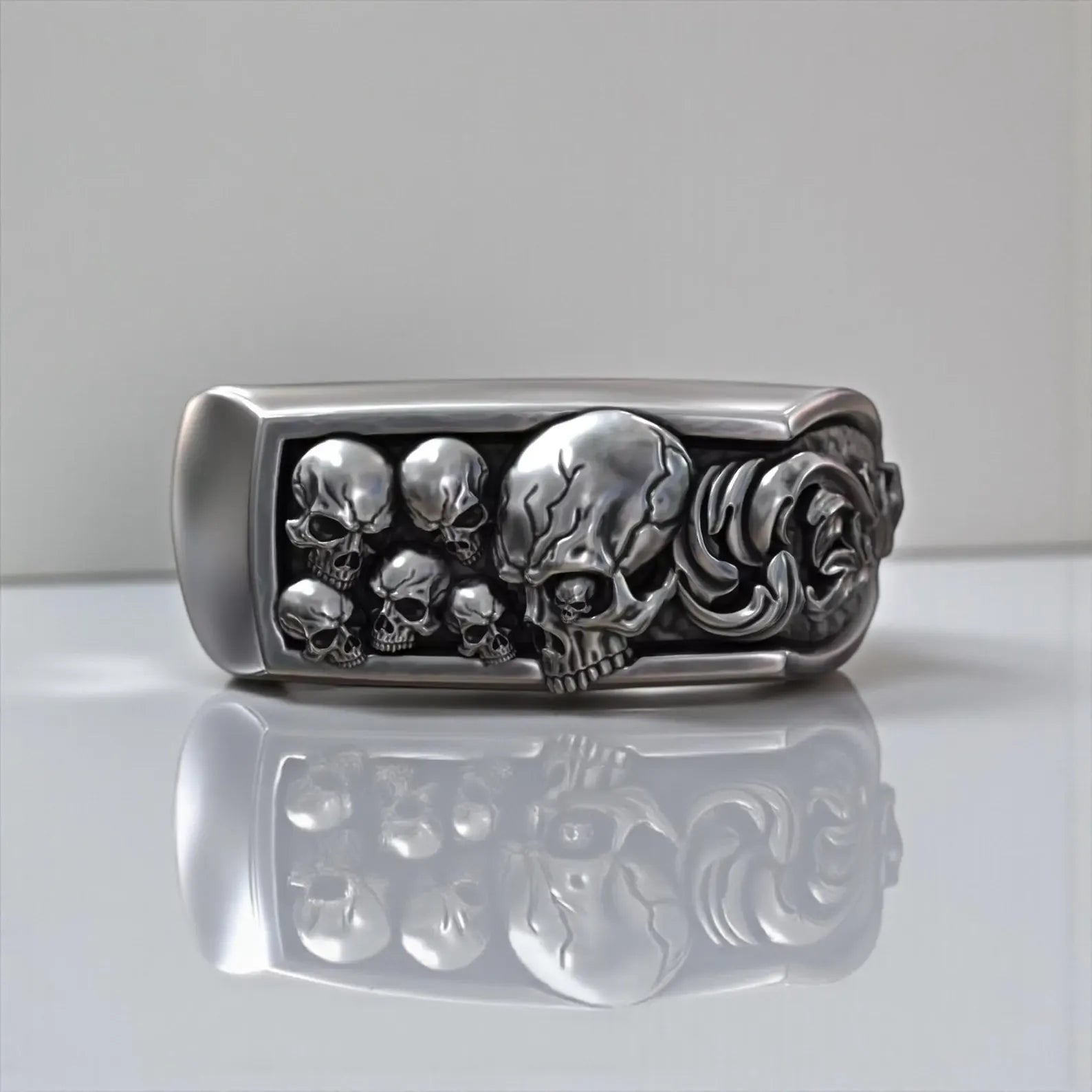 Handcrafted 925 sterling silver jawless skull ring with intricate baroque floral pattern, gothic memento mori biker jewelry for men, oxidized finish, bold masculine statement ring symbolizing mortality and inner strength