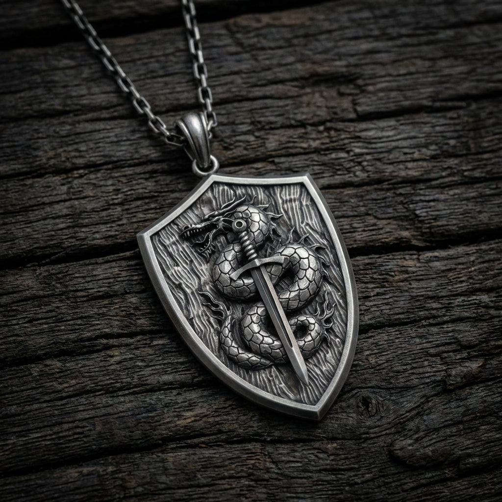 Oxidized sterling silver dragon knight pendant for men gothic medieval warrior necklace bold masculine accessory gift idea