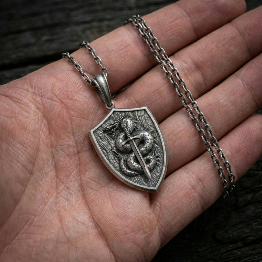 Unisex gothic medieval dragon pendant necklace handcrafted silver knight sword jewelry gift for mythology and fantasy lovers