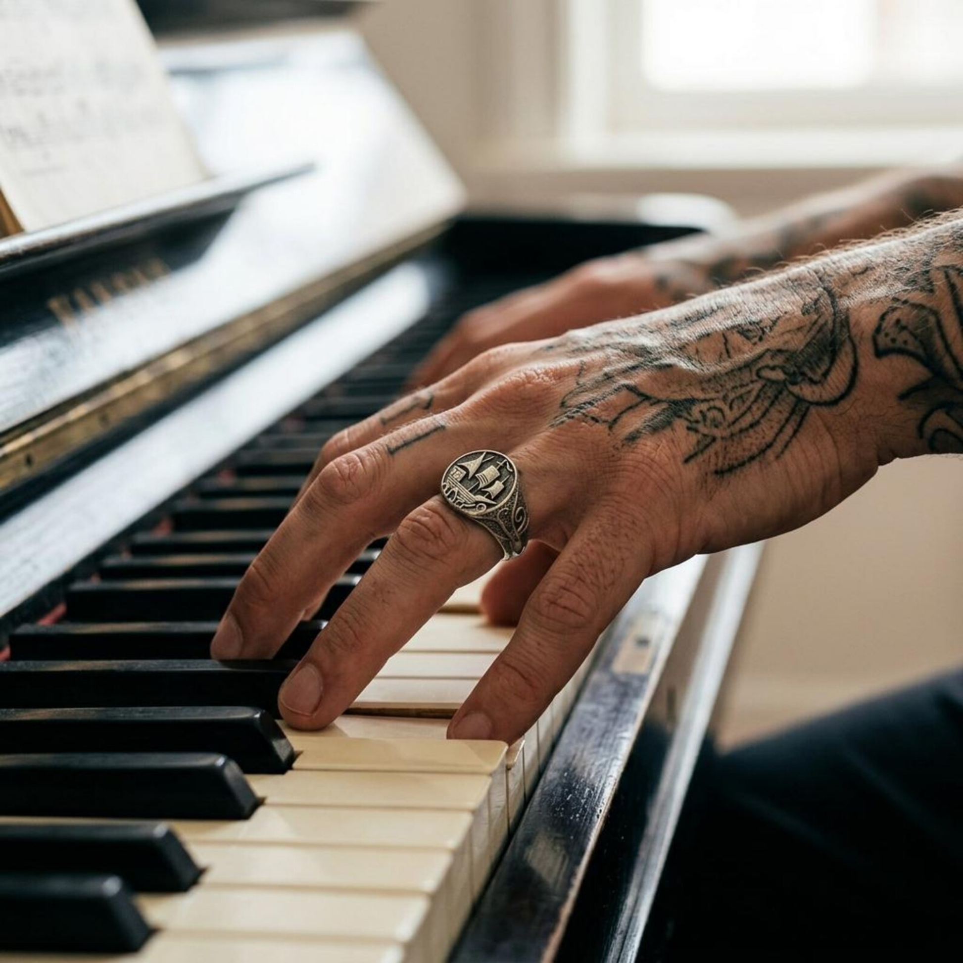 May include: A silver ring featuring a detailed ship design. The ring has an oval face with a raised image of a sailing vessel. The ring is worn on a hand with tattoos.