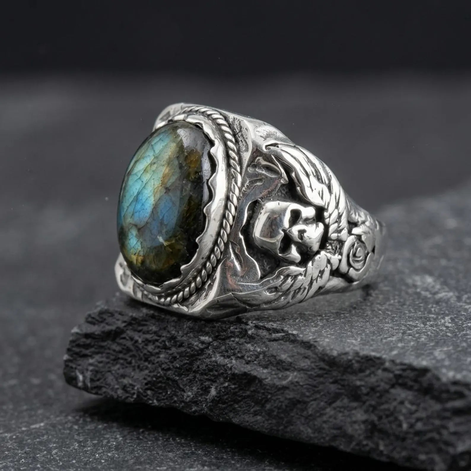 gothic biker skull ring in sterling silver with 13x18 labradorite gemstone, handcrafted bold statement jewelry for men and unisex style