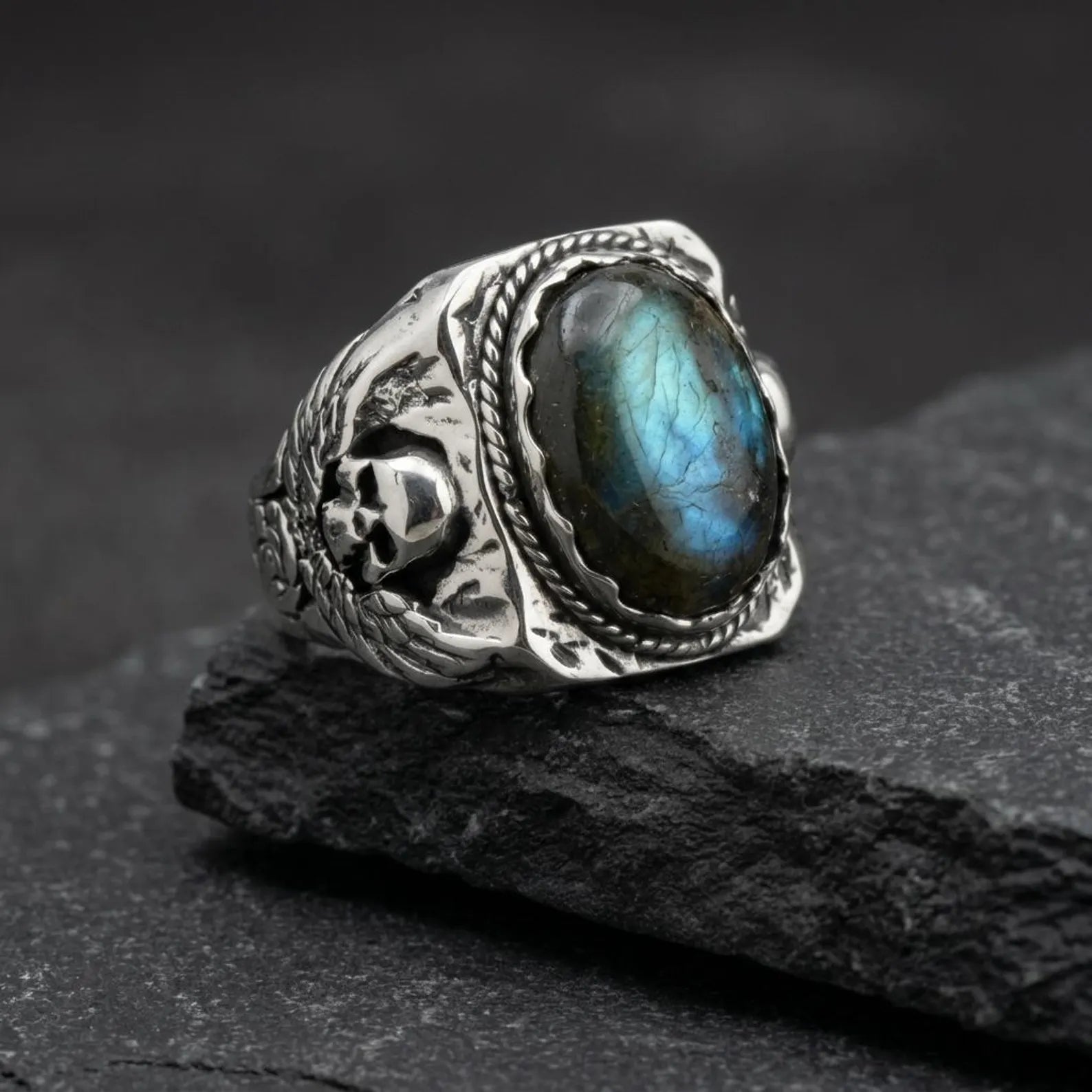 925 sterling silver skull ring with labradorite gemstone, handcrafted gothic biker statement ring for men with bold and heavy design