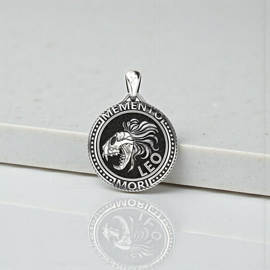 Gothic Leo Zodiac Pendant Necklace crafted from 925 sterling silver, featuring a detailed Memento Mori lion symbol with oxidized gothic finish, masculine zodiac jewelry for men and unisex wear.