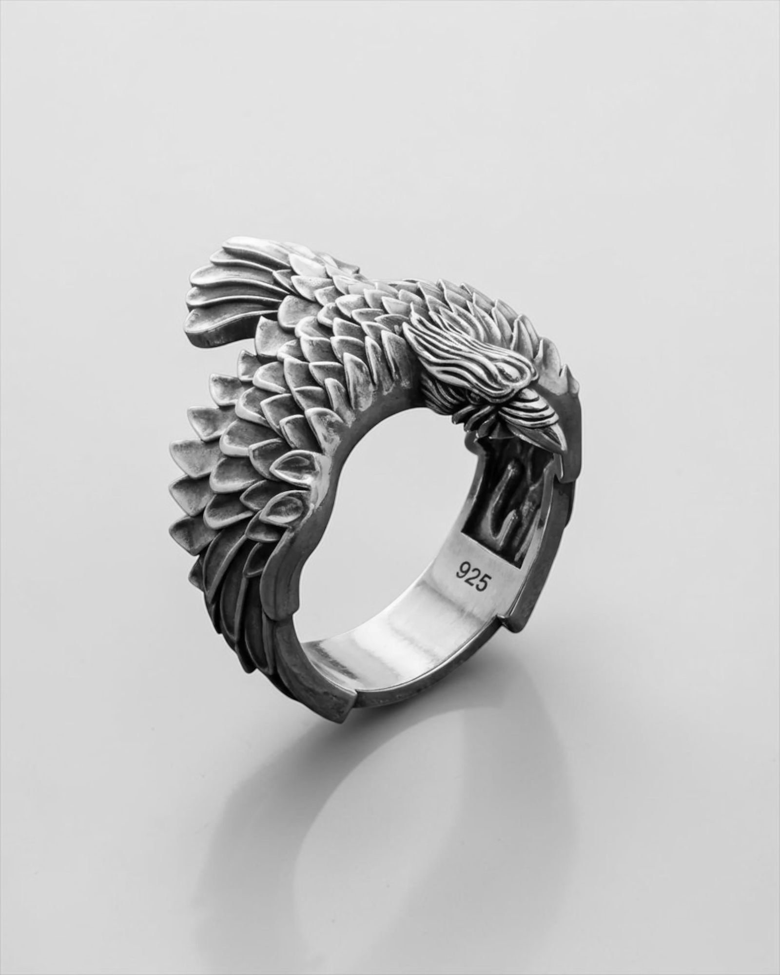 Handcrafted 925 sterling silver Viking raven ring for men with detailed Norse mythology raven design, oxidized finish and bold warrior style, unique Viking statement ring inspired by Odin’s sacred ravens.