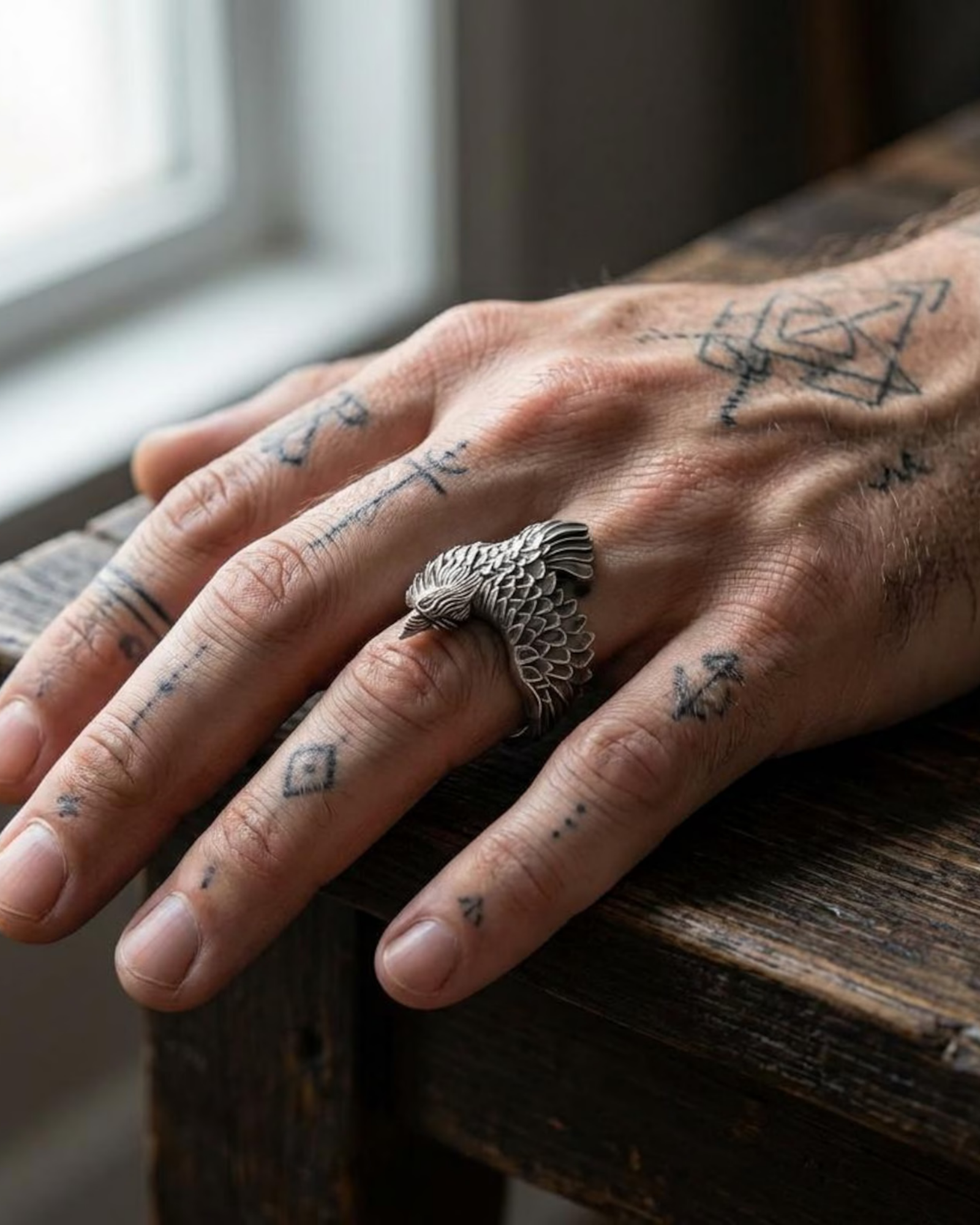 Close-up of sterling silver Viking raven ring, Norse mythology jewelry featuring a powerful raven head and feather details, men’s statement ring inspired by Odin, Huginn and Muninn symbolism.