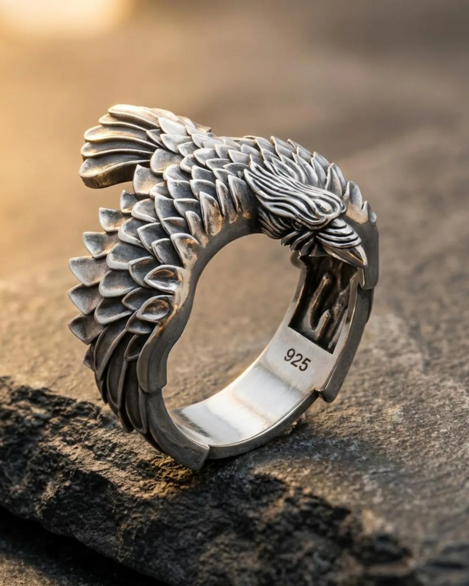 Detailed 925 sterling silver Norse raven ring, Viking mythology jewelry with sculpted feathers and oxidized finish, handcrafted warrior ring for men.