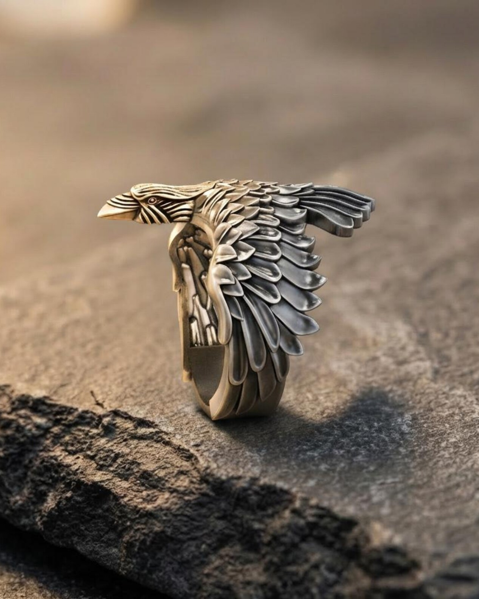 Men’s Norse mythology raven ring crafted from 925 sterling silver, Viking warrior jewelry with detailed bird design and oxidized contrast, unique gothic statement ring.
