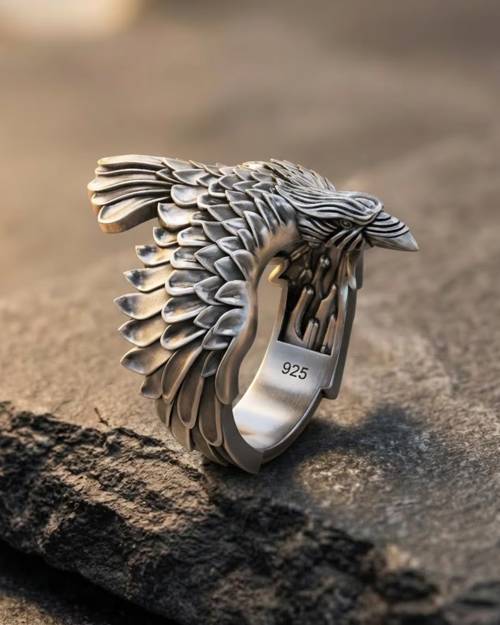 Powerful Viking raven ring for men, handcrafted sterling silver Norse jewelry inspired by Odin’s ravens Huginn and Muninn, bold masculine statement ring.