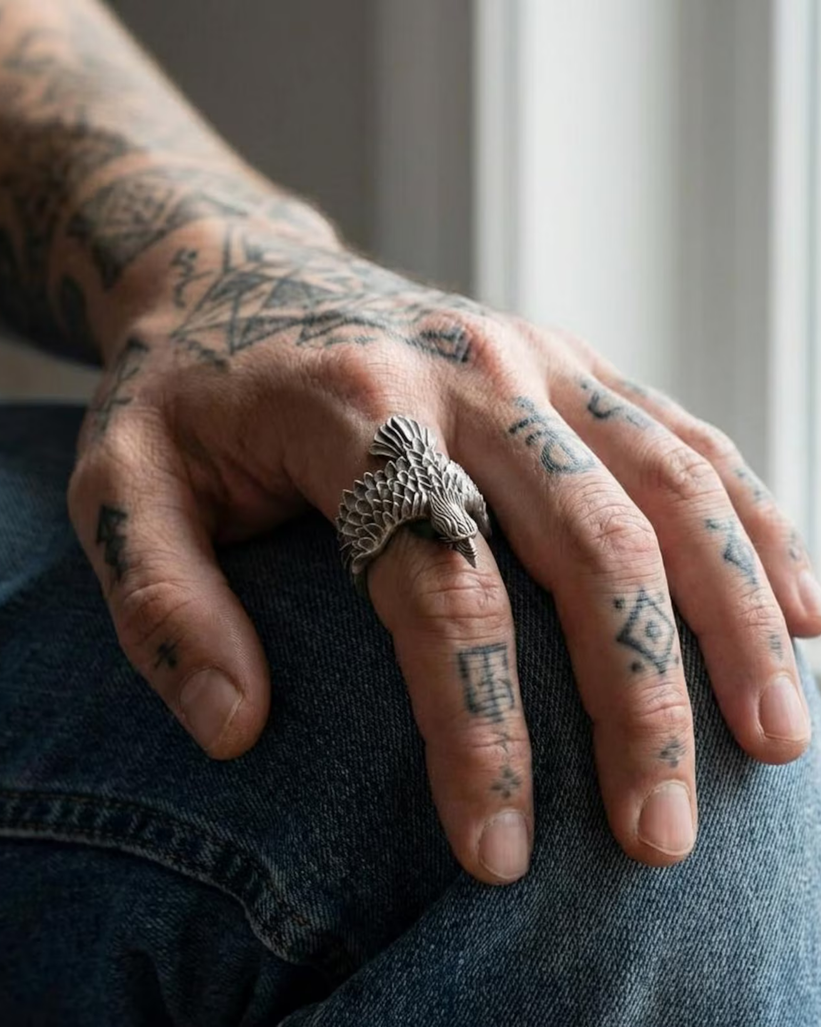 Handmade Viking raven statement ring in solid sterling silver, Norse mythology jewelry symbolizing wisdom, protection and strength, bold warrior ring for men.