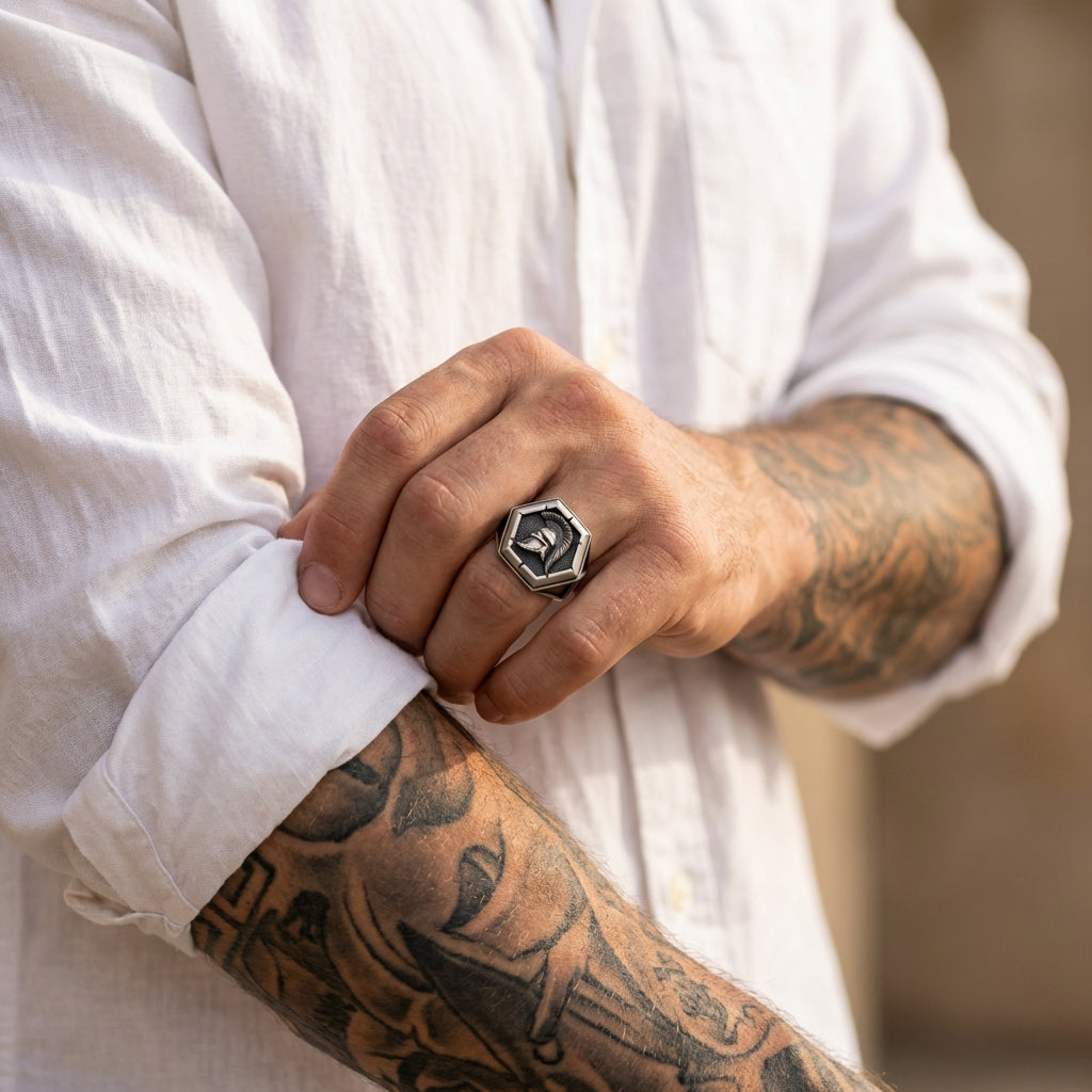 Handmade Spartan warrior ring for men featuring detailed ancient helmet design, solid sterling silver mythological statement ring, powerful masculine jewelry piece