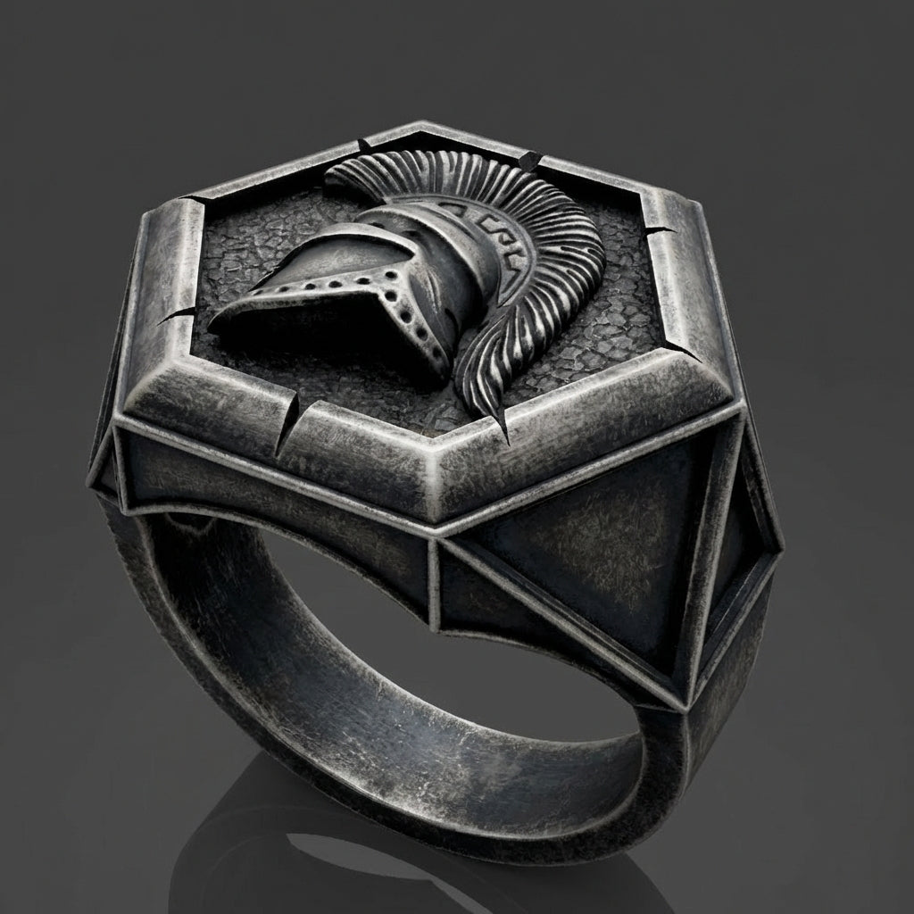 Mens Spartan helmet signet ring in sterling silver, mythology inspired warrior ring with oxidized finish, bold masculine anniversary gift for husband or boyfriend