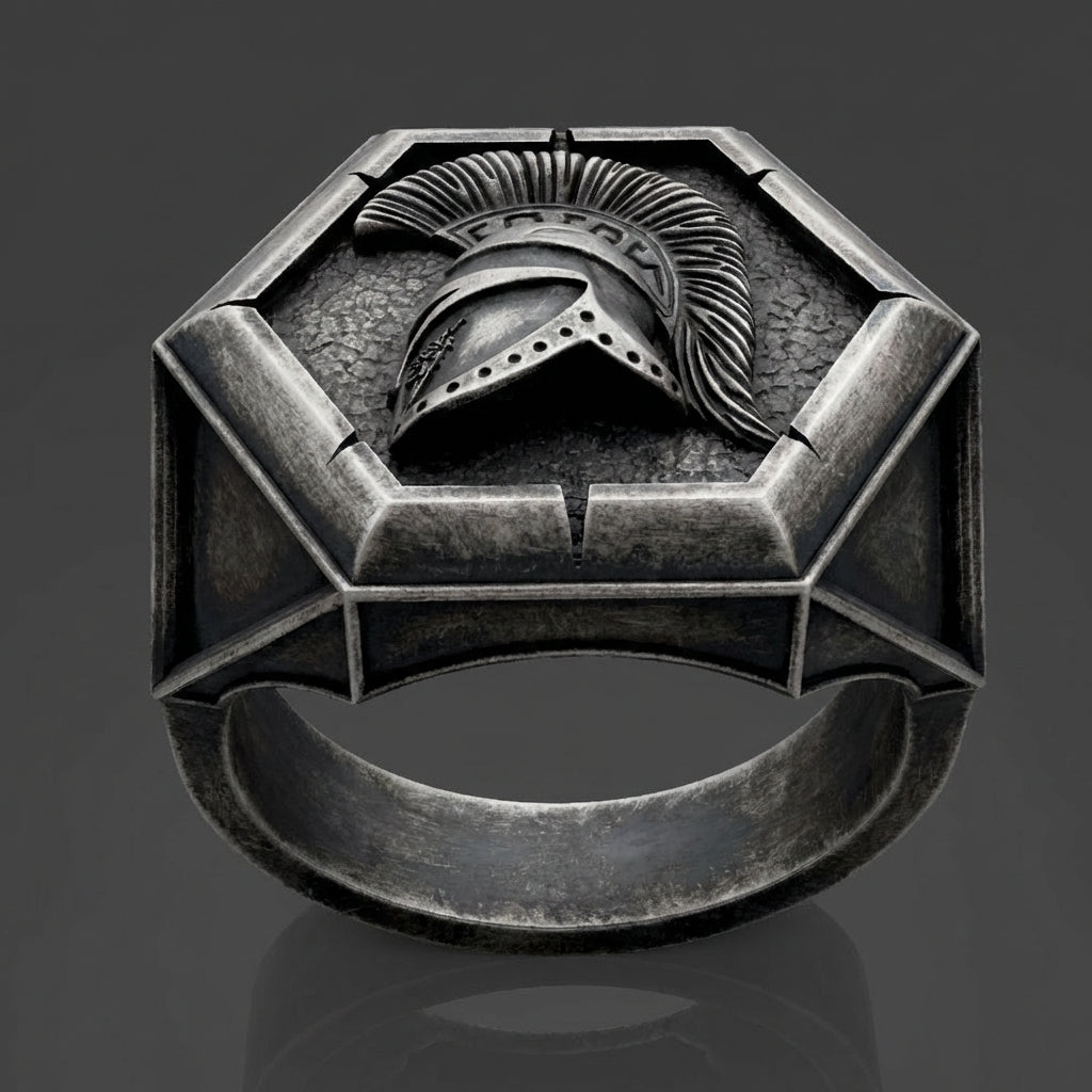 Bold Greek mythology Spartan ring for men, handcrafted sterling silver helmet design with vintage engravings, masculine statement jewelry for collectors