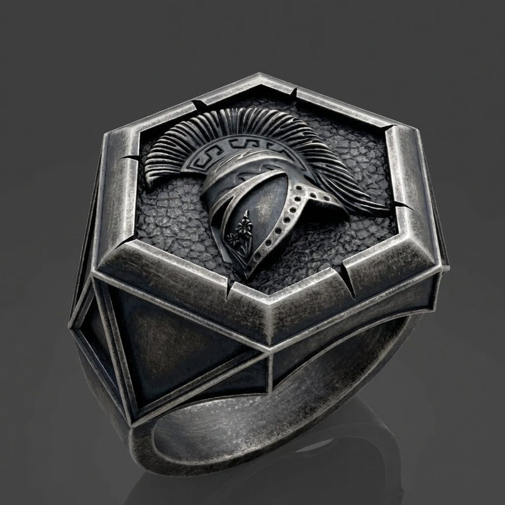 Mens ancient warrior helmet ring in sterling silver, detailed Spartan design handcrafted statement ring, strong masculine gift for husband father or boyfriend