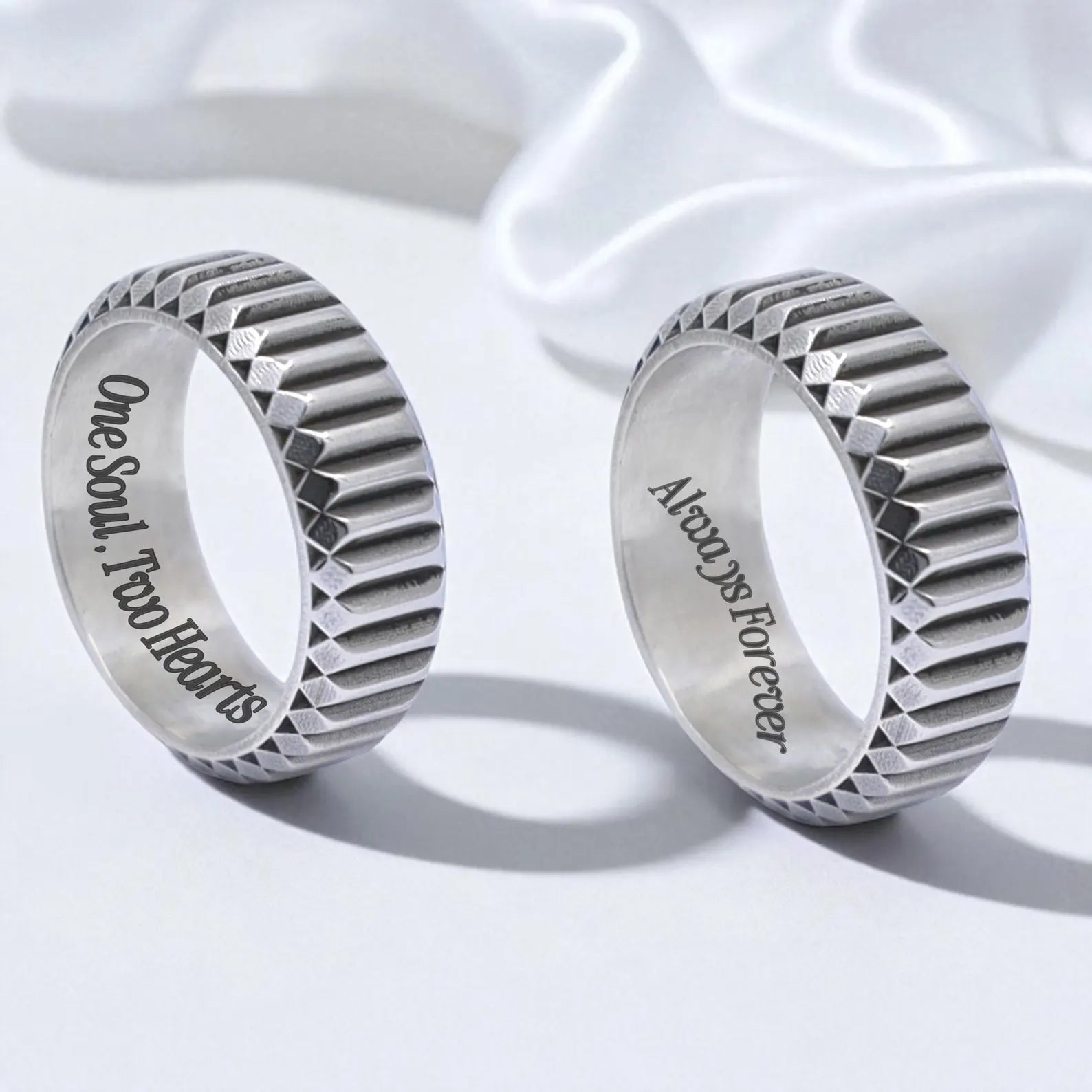 Close-up view of a handcrafted men’s silver wedding band with a grooved, industrial-style texture. Made from high-quality sterling silver, this 7mm wide ring blends minimalist aesthetics with masculine edge, making it perfect for daily wear or as a unique anniversary gift for him.