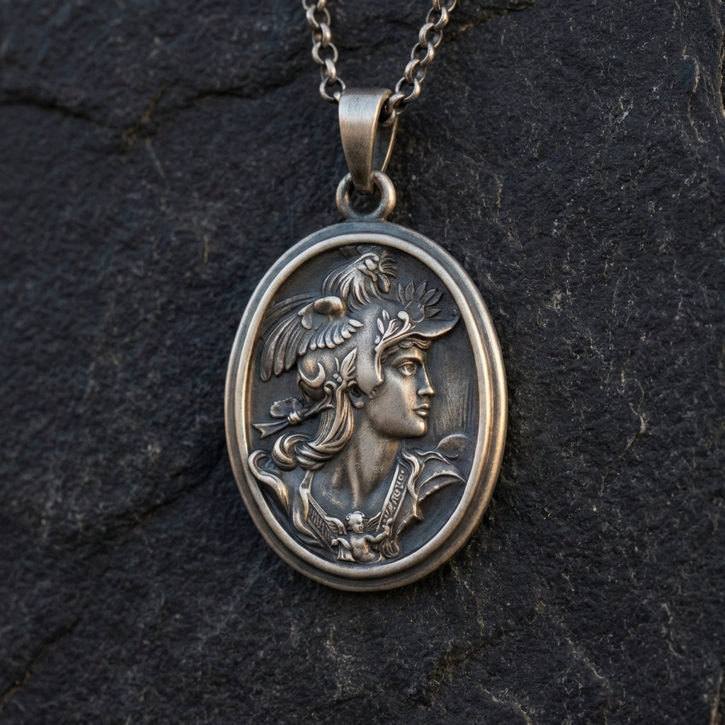 Premium handcrafted Athena necklace with oxidized matte finish, detailed Greek mythology pendant jewelry for collectors and mythology enthusiasts