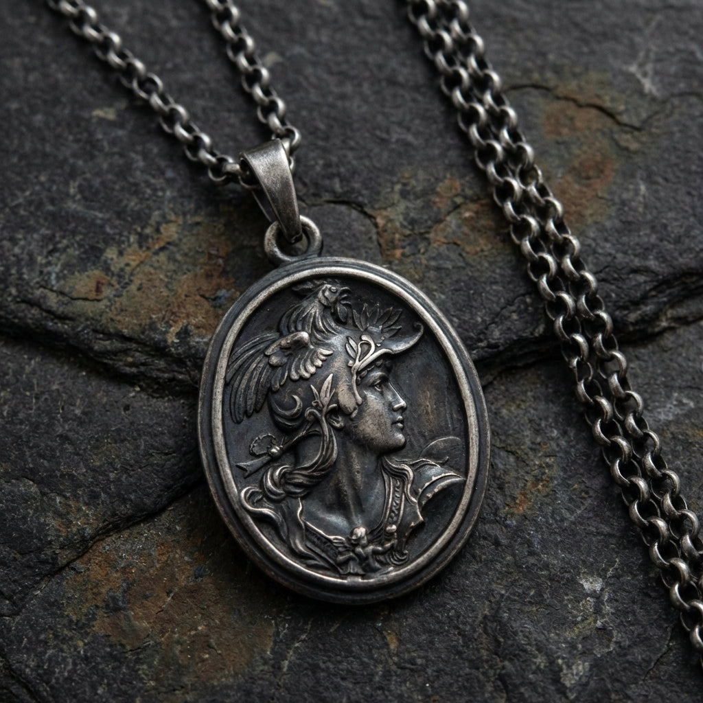 High detail Athena mythology necklace worn on chain, oxidized sterling silver Greek goddess jewelry symbolizing intelligence and strategic strength