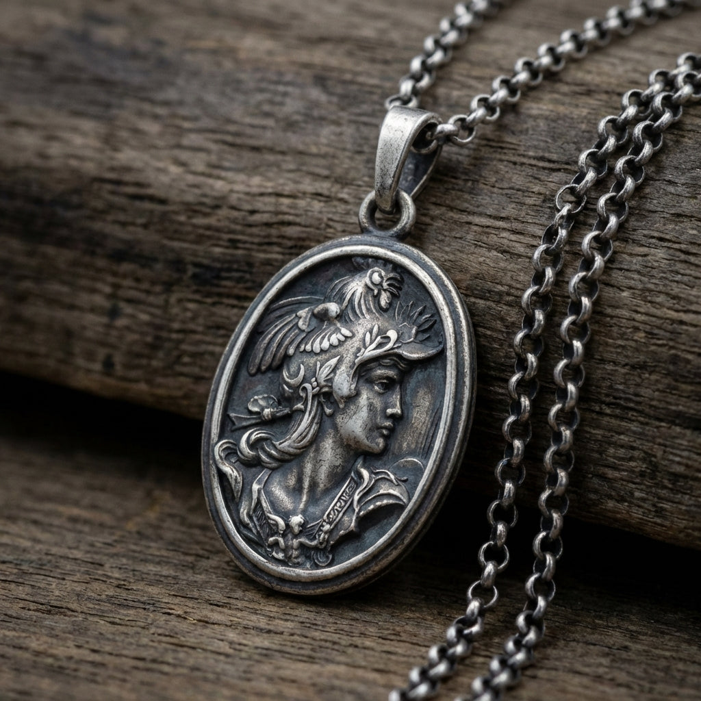 Ancient Greek goddess Athena sterling silver necklace with baroque engraved details, powerful mythology inspired statement jewelry for masculine and unisex style