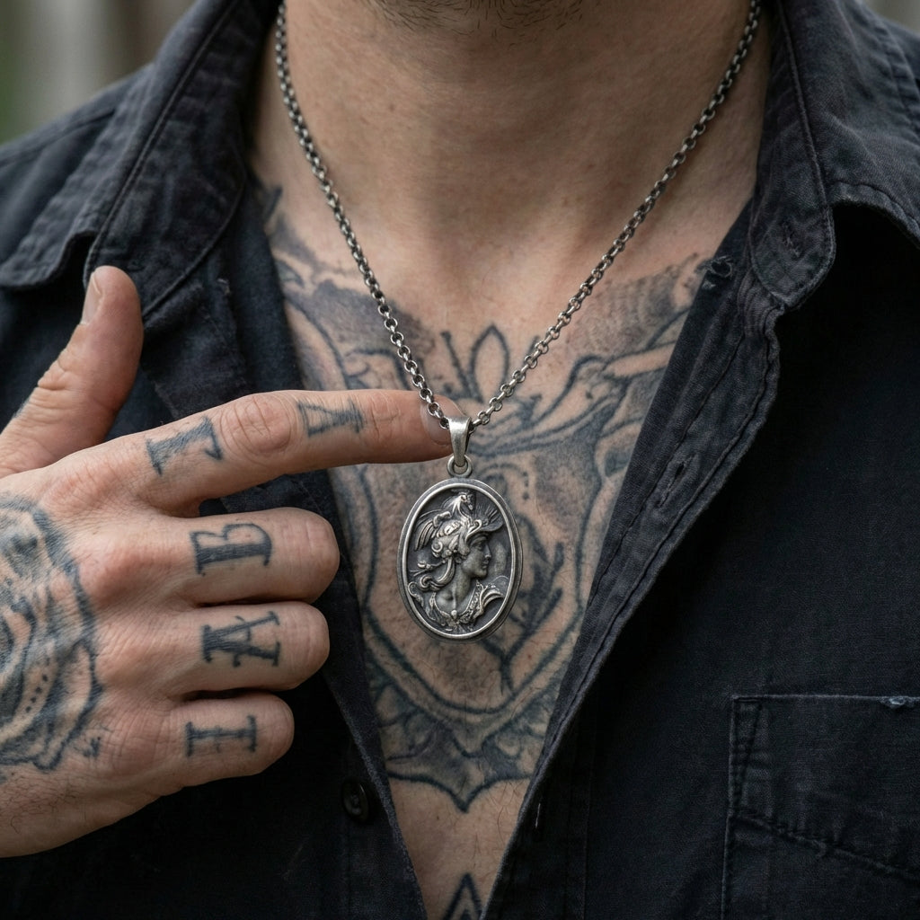 Close-up of handmade Athena pendant necklace in high quality sterling silver, ancient Greek mythology jewelry symbolizing wisdom, courage and divine protection for men