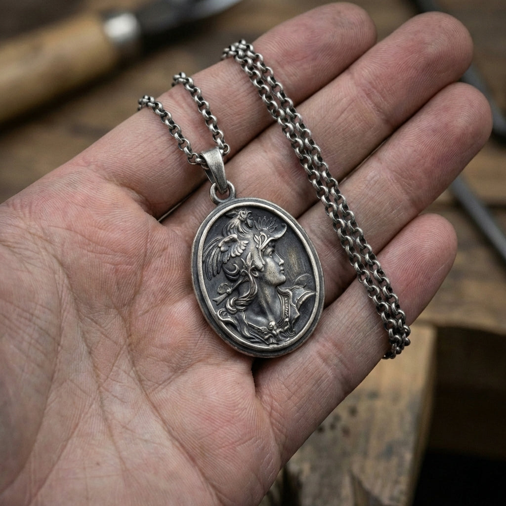 Bold mythology inspired Athena necklace crafted in solid silver, vintage Greek goddess pendant designed for men who appreciate historical and symbolic jewelry