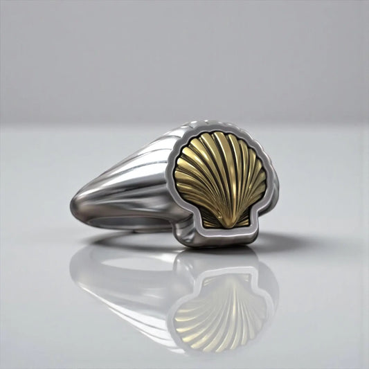 Nautical shell signet ring crafted in 925 sterling silver with elegant gold accent, ocean inspired seashell jewelry for men and unisex style