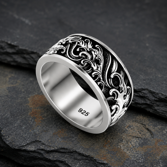 Nautical ocean waves band ring for men handcrafted from 925 sterling silver with engraved sea wave design and oxidized finish