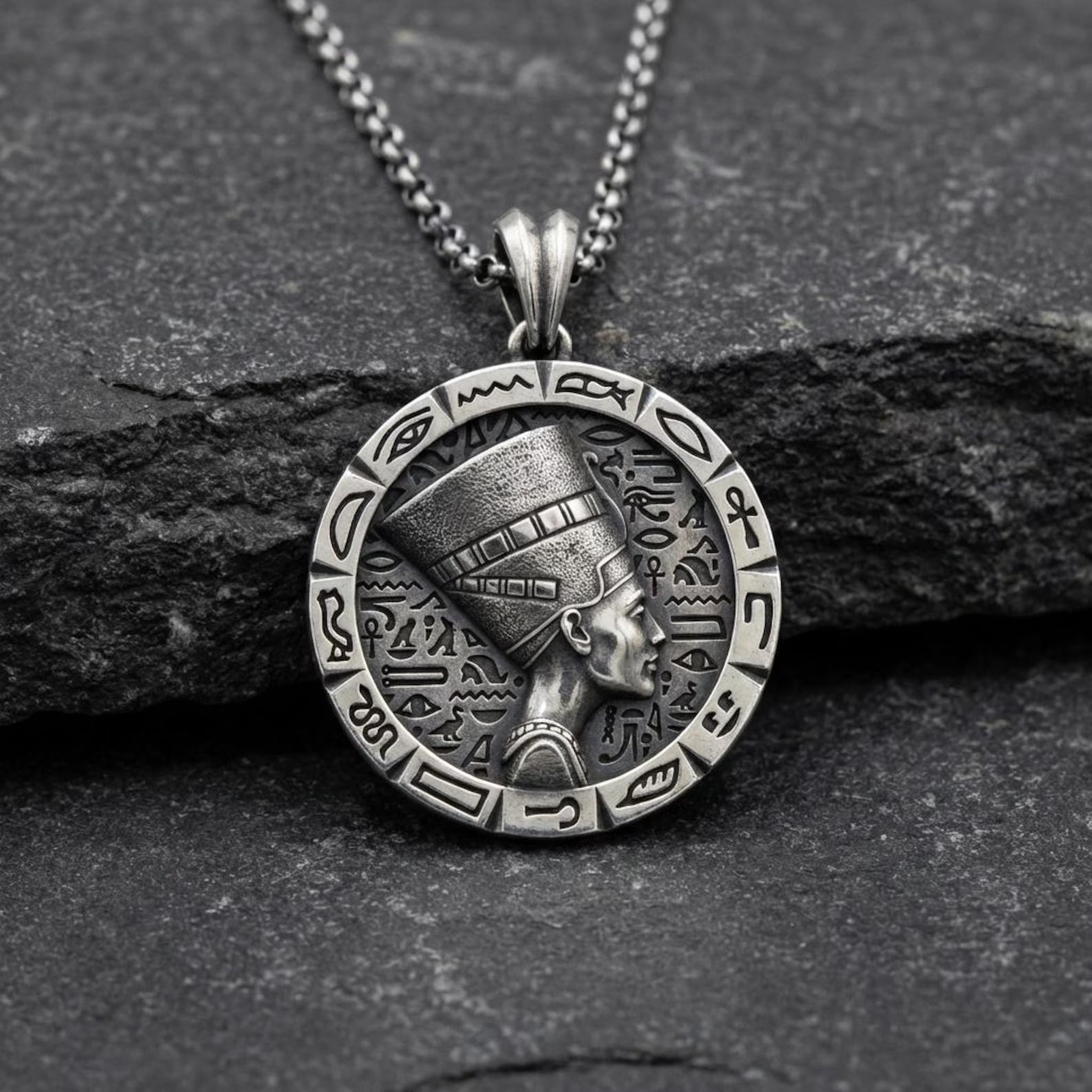 detailed queen nefertiti pendant oxidized sterling silver egyptian mythology jewelry gift for her