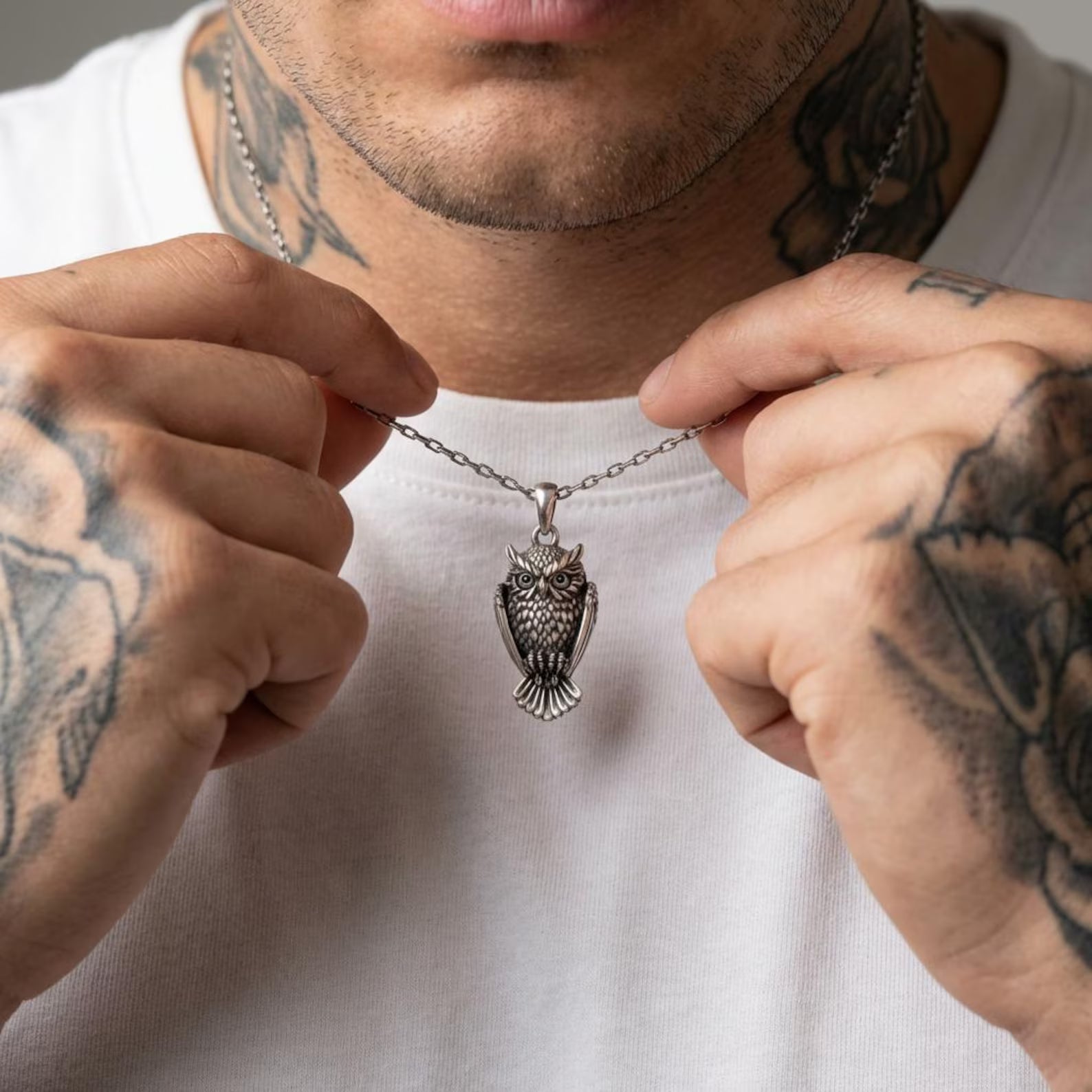 vintage inspired owl bird necklace oxidized 925 sterling silver symbolic wisdom mystical statement jewelry piece