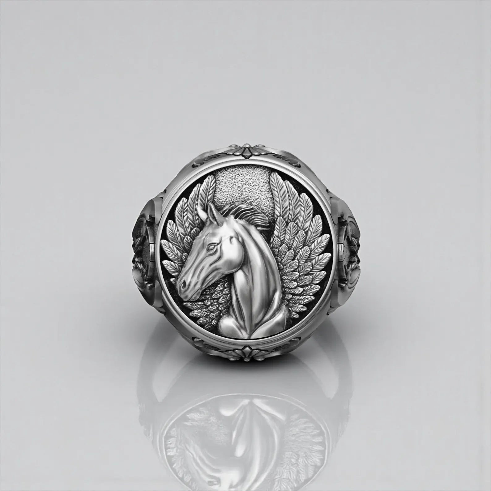 Vintage style Pegasus horse ring crafted in solid 925 sterling silver with dark oxidized contrast, symbolizing freedom, strength and divine power in Greek mythology