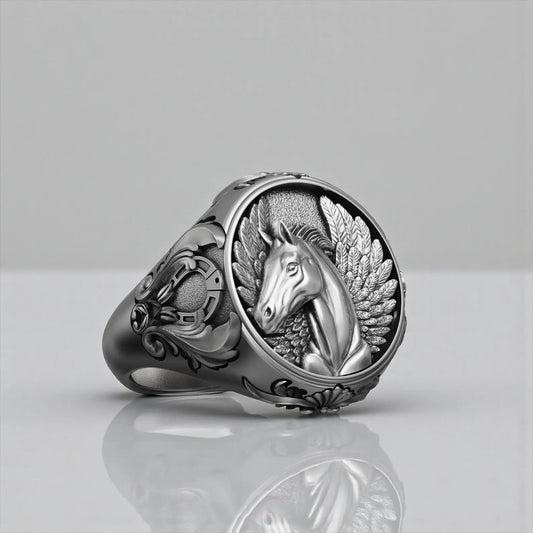 Handcrafted Pegasus horse sterling silver ring for men featuring a bold winged stallion engraving, oxidized finish and heavy 25 gram solid 925 silver statement band inspired by Greek mythology