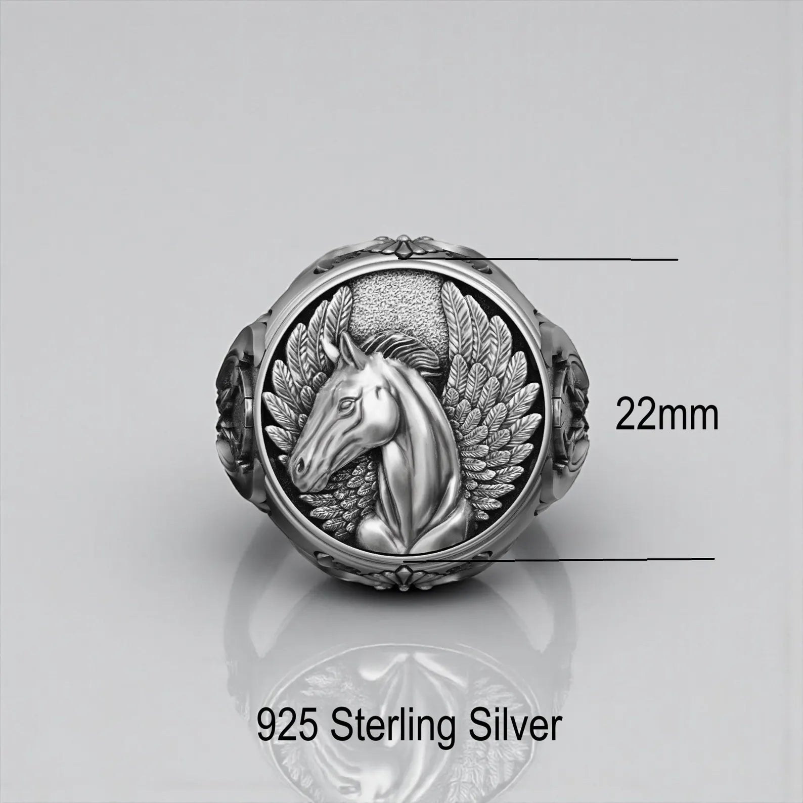Heavy men’s statement ring with winged horse artwork, oxidized silver finish and handcrafted precision, ideal for mythology lovers and collectors of unique jewelry