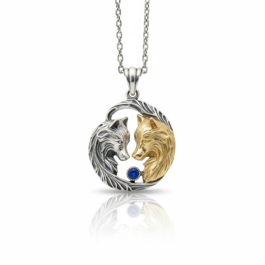 handcrafted twin wolf sterling silver necklace with gemstone viking inspired gothic animal pendant bold masculine jewelry
