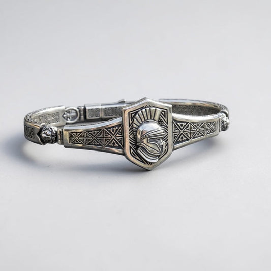 Ancient Spartan warrior bracelet for men in solid 925 sterling silver featuring lion detail, bold masculine cuff jewelry handmade