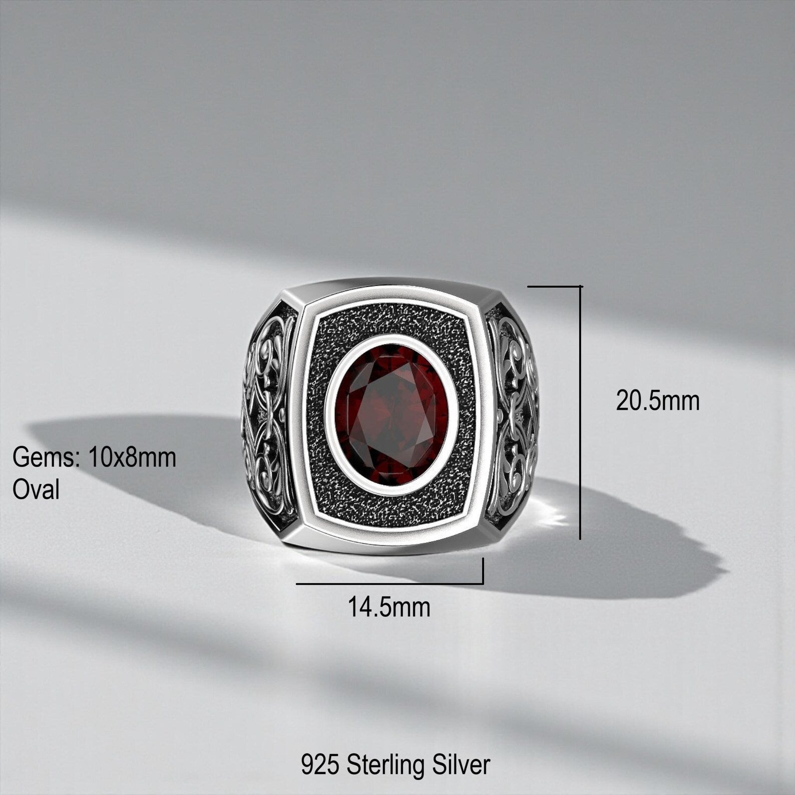 Dark aesthetic red garnet ring for men crafted in solid sterling silver, vintage gothic signet ring with engraved details and bold masculine style
