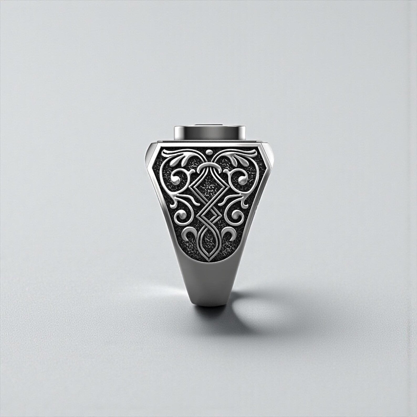 Dark gothic red garnet signet ring crafted from premium 925 sterling silver, masculine statement ring with baroque engraved details