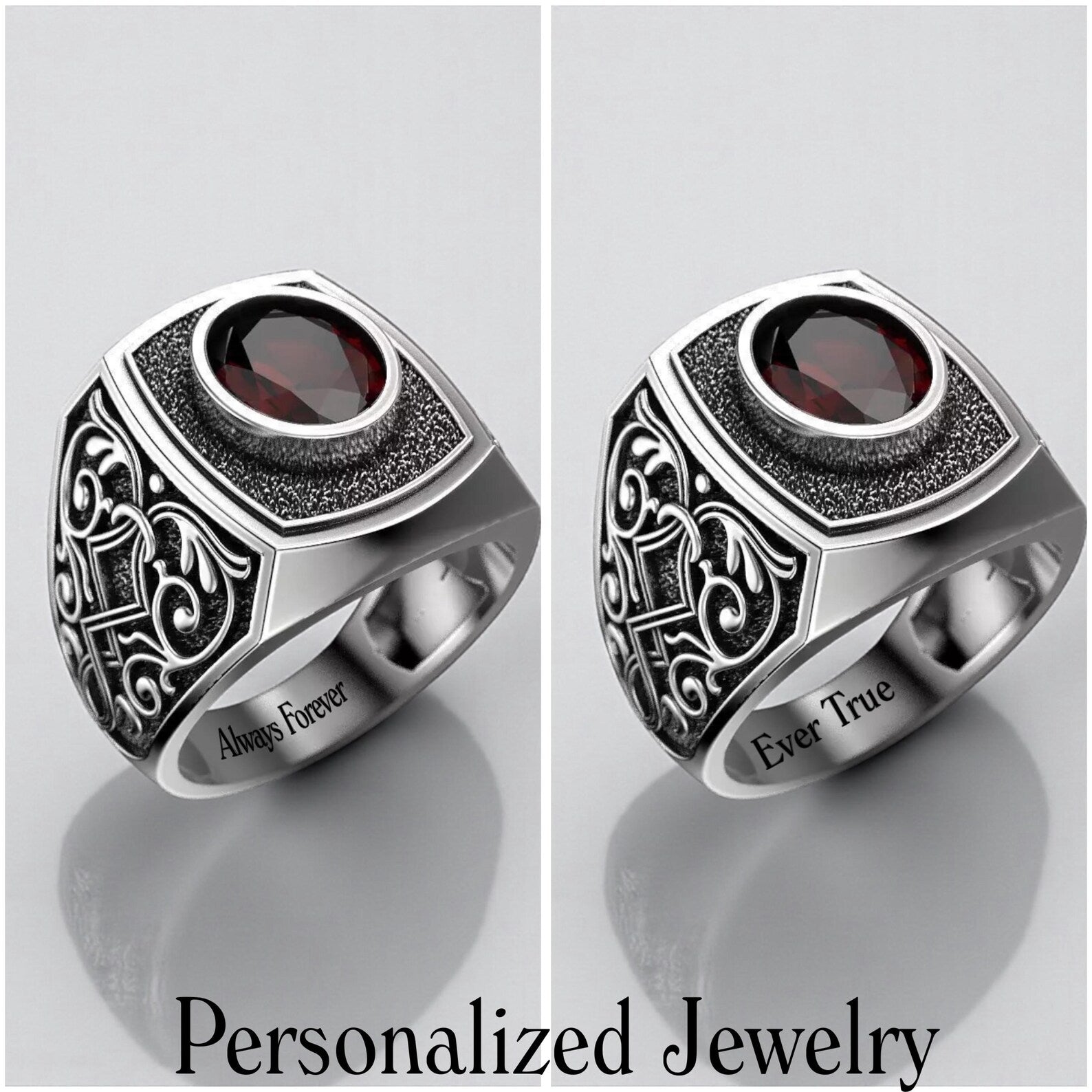 Handmade red garnet birthstone ring for men in gothic style, solid sterling silver signet ring with oxidized finish and dark elegance